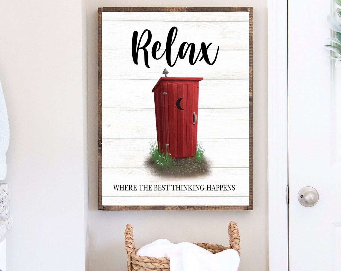 Relax Best Thinking Happens Red Wooden Outhouse Humor Bathroom Poster