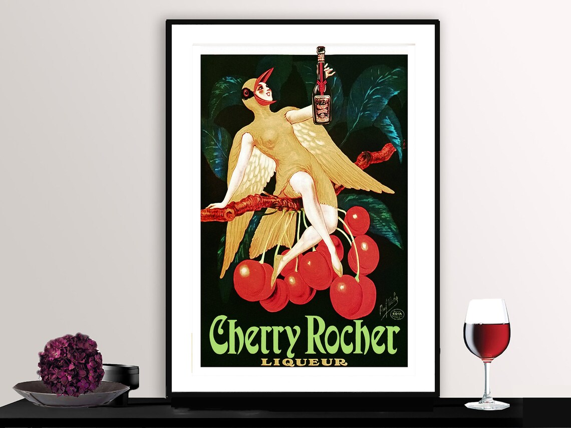 Cherry Rocher Liqueur Vintage Cherry Bird Woman Advertising Poster