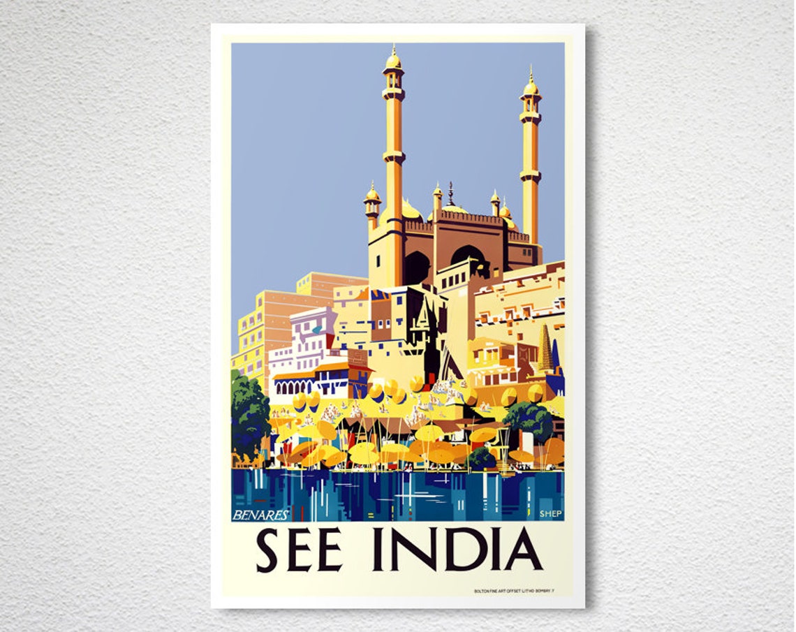 See India Benares Varanasi Ghats Vintage India Travel Poster - Image 2