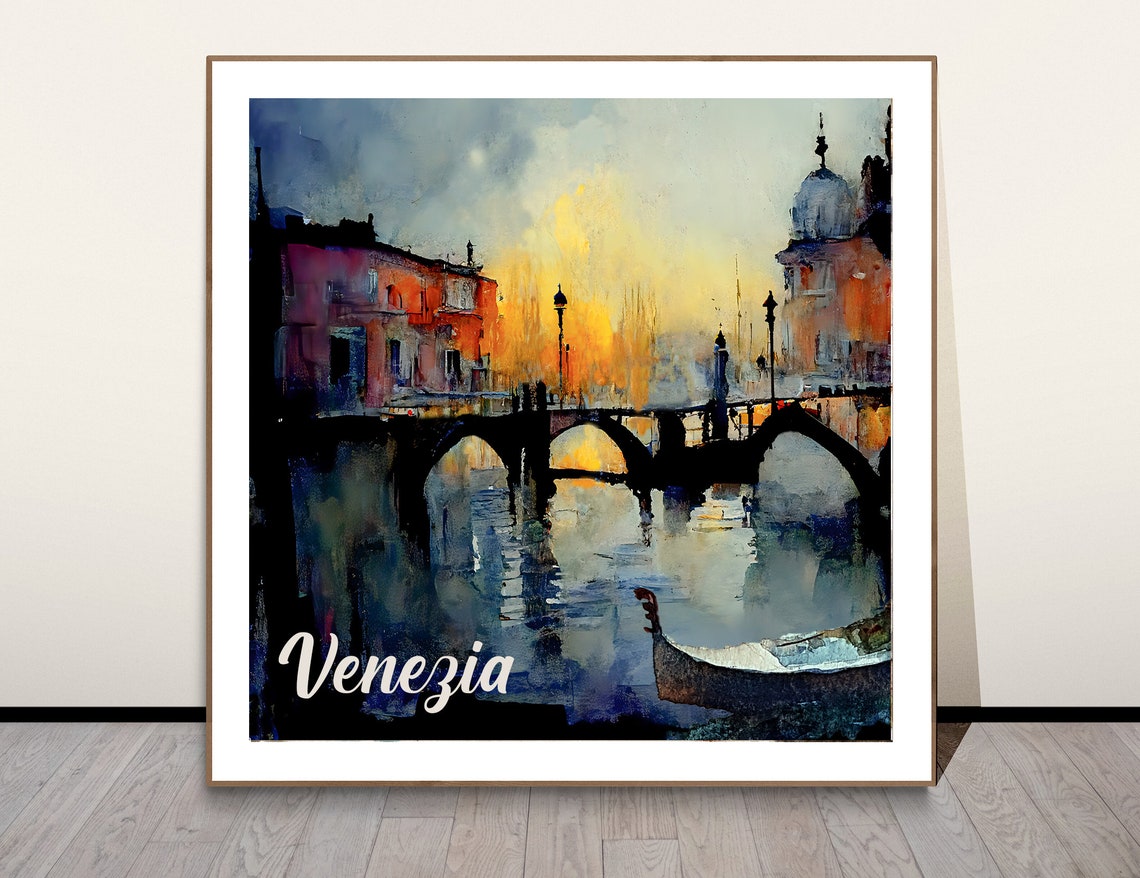 Venezia Italy Canal Bridge Gondola Sunset Watercolor Art Poster
