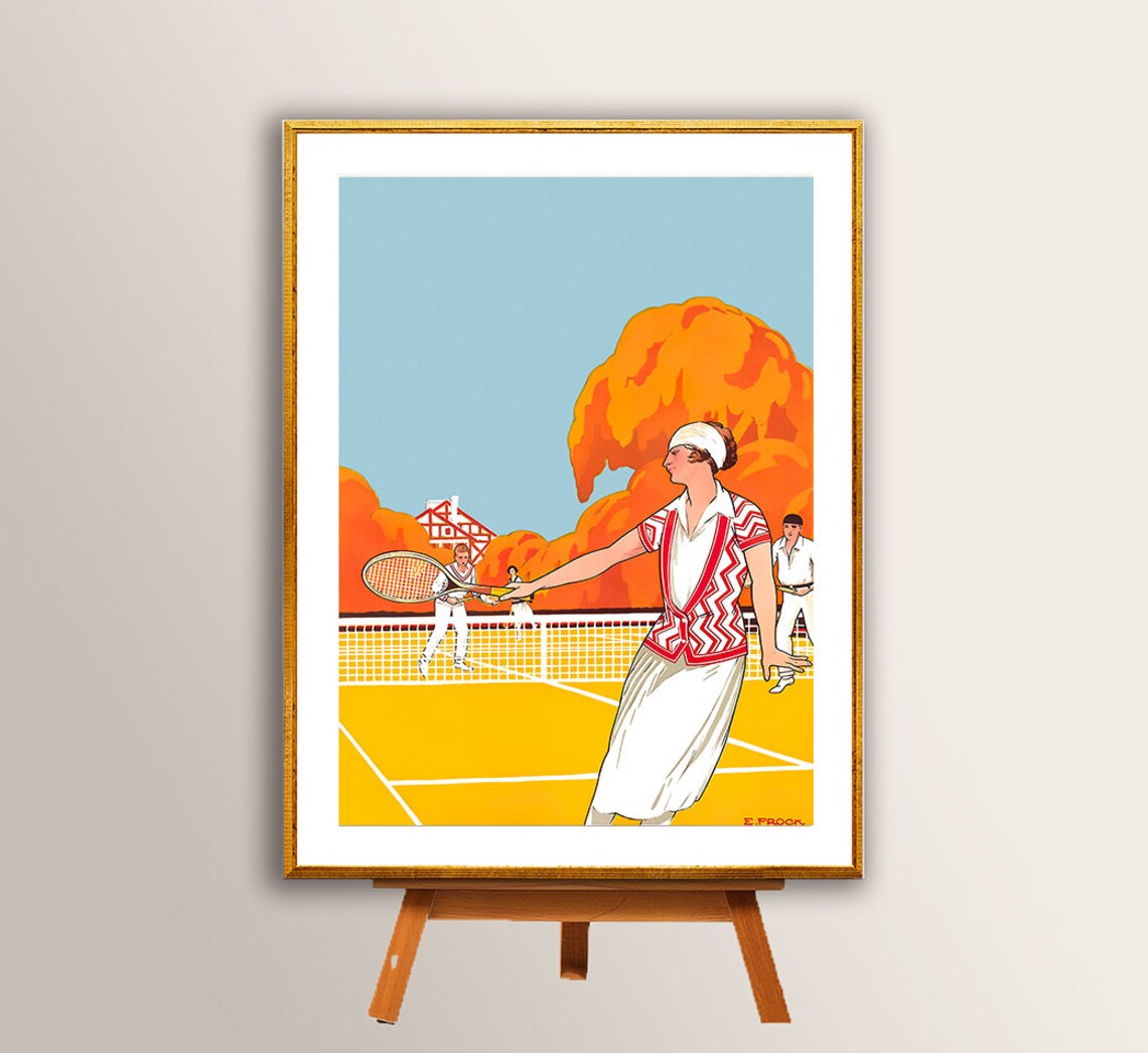 E Prock Tennis Lady Orange Court Vintage Art Deco Sports Poster