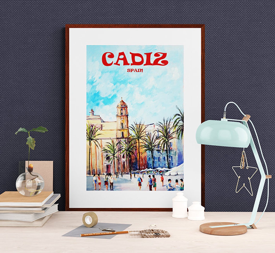 Cadiz Spain Cathedral Square Palm Trees Vintage Travel Poster - Image 2
