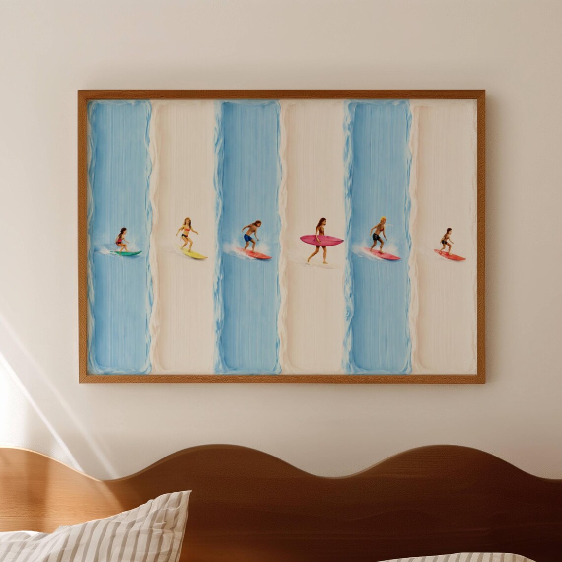 Minimalist Tiny Surfers Art Print, Ocean Beach