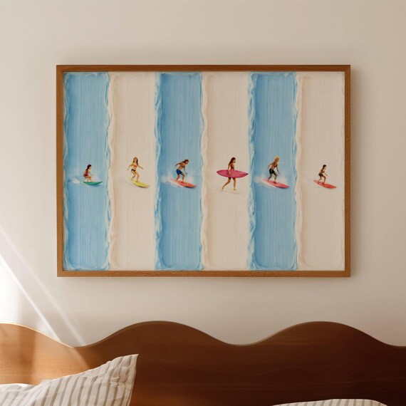 Minimalist Tiny Surfers Art Print, Ocean Beach