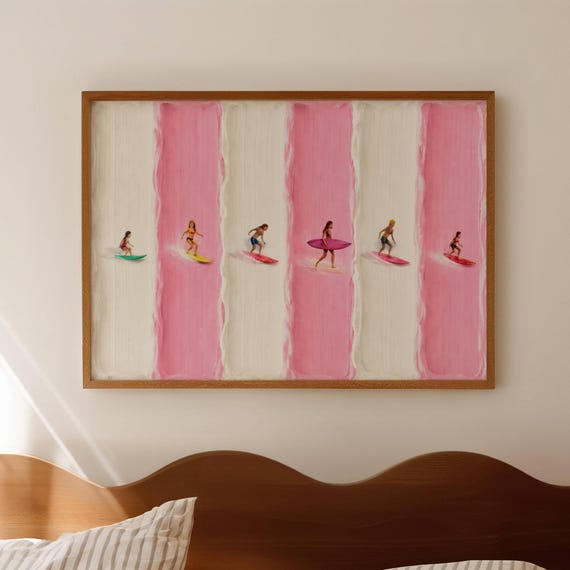Minimalist Tiny Surfers Art Print Horizontal Textured Impasto Pink Acrylic Painting Wall Girly Coastal Summer Aerial Beach Surf Poster
