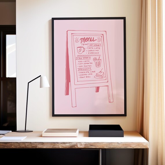 Pink Cafe Menu Board Hand Drawn Coffee Sign Poster for Kitchen Wall