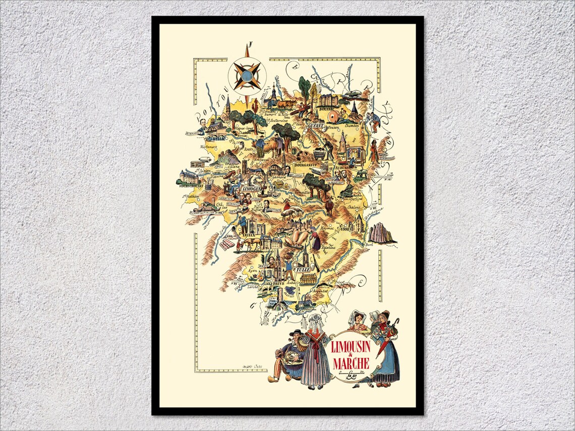 Limousin Marche France Illustrated Vintage Regional Map Wall Art