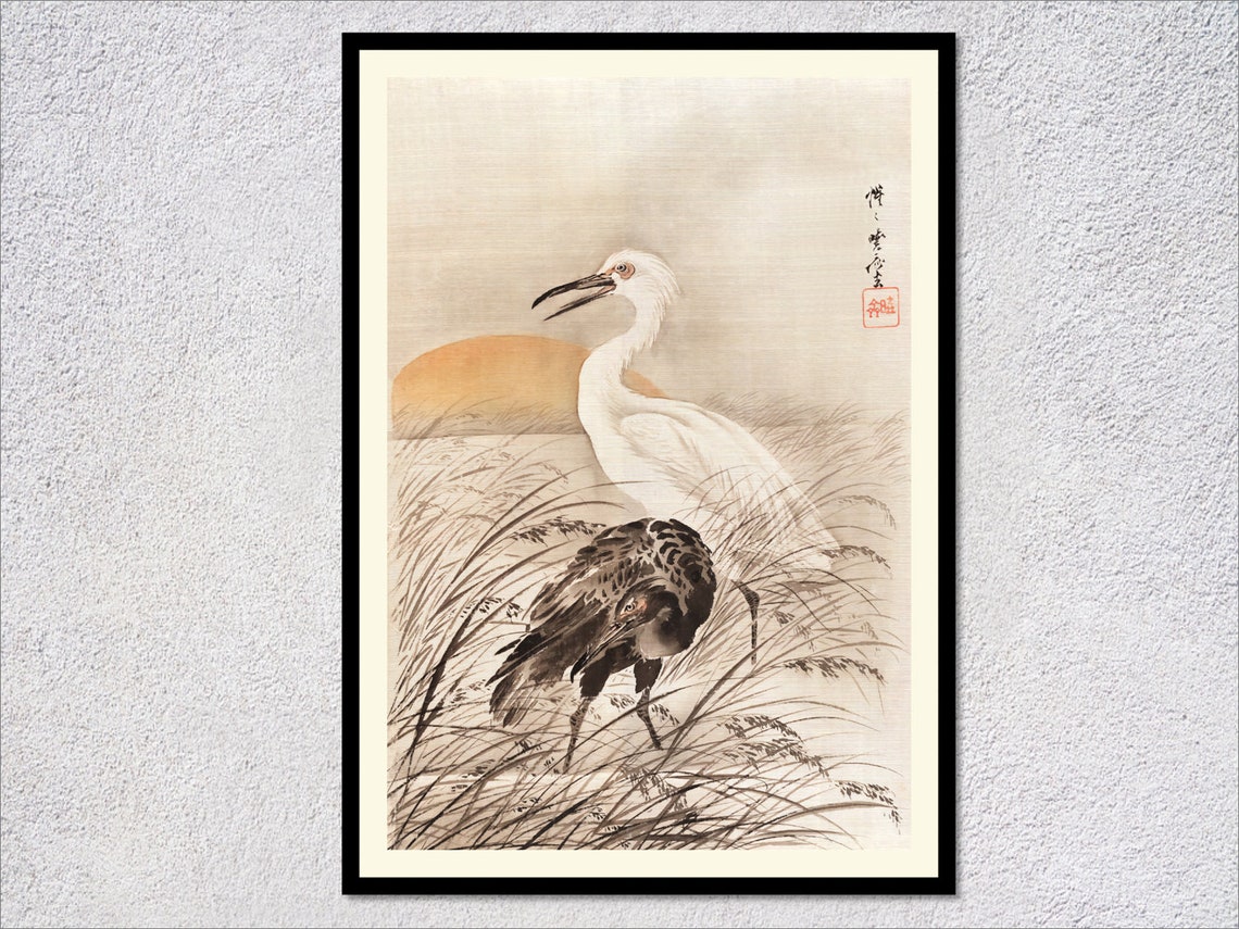 Two Japanese Herons Marsh Sunset Ukiyo E Ink Wash Bird Art Print