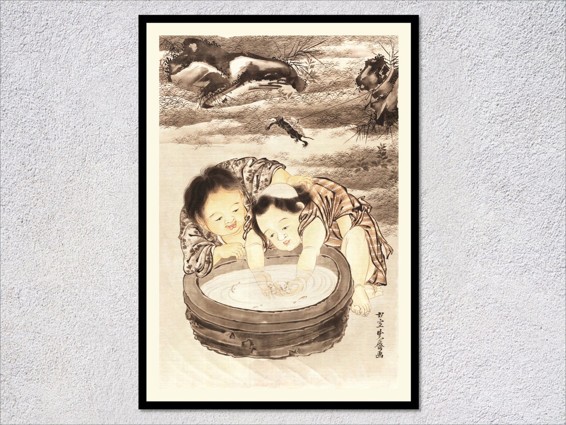 Japanese Children Goldfish Basin Ukiyo E Ink Wash Painting Art Print