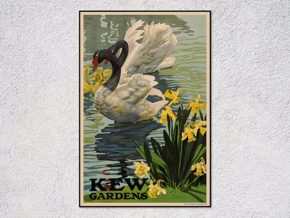 Kew Gardens Swan Pond Poster, Rustic Botanical Decor