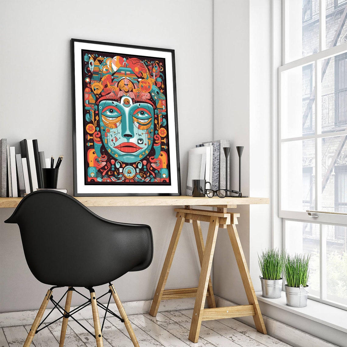 Psychedelic Ornate Face Teal Orange Surreal Visionary Poster Art - Image 3