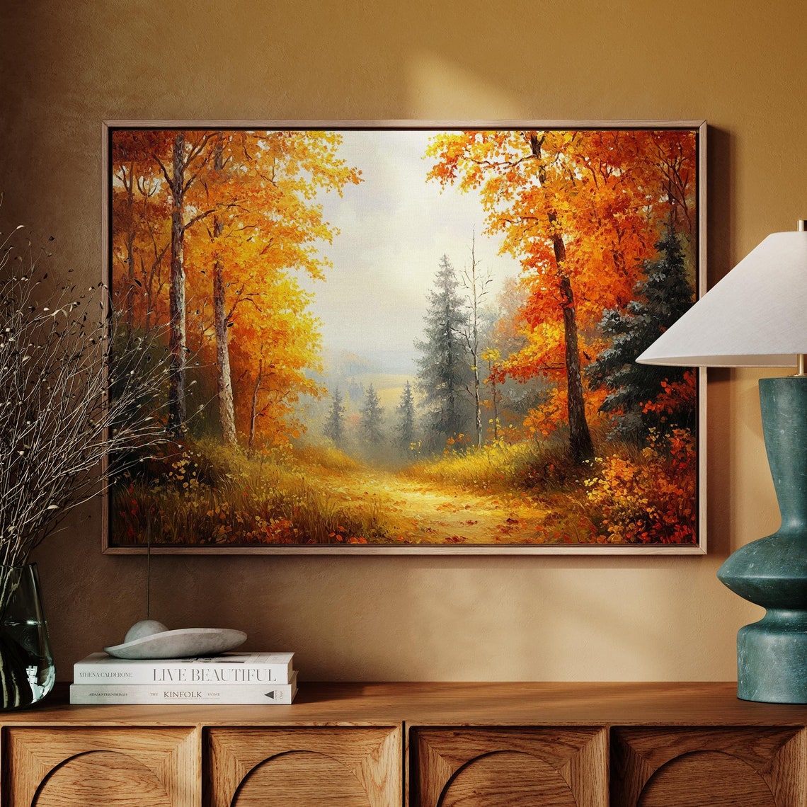 Golden Autumn Forest Path Fall Foliage Landscape Oil Painting Poster