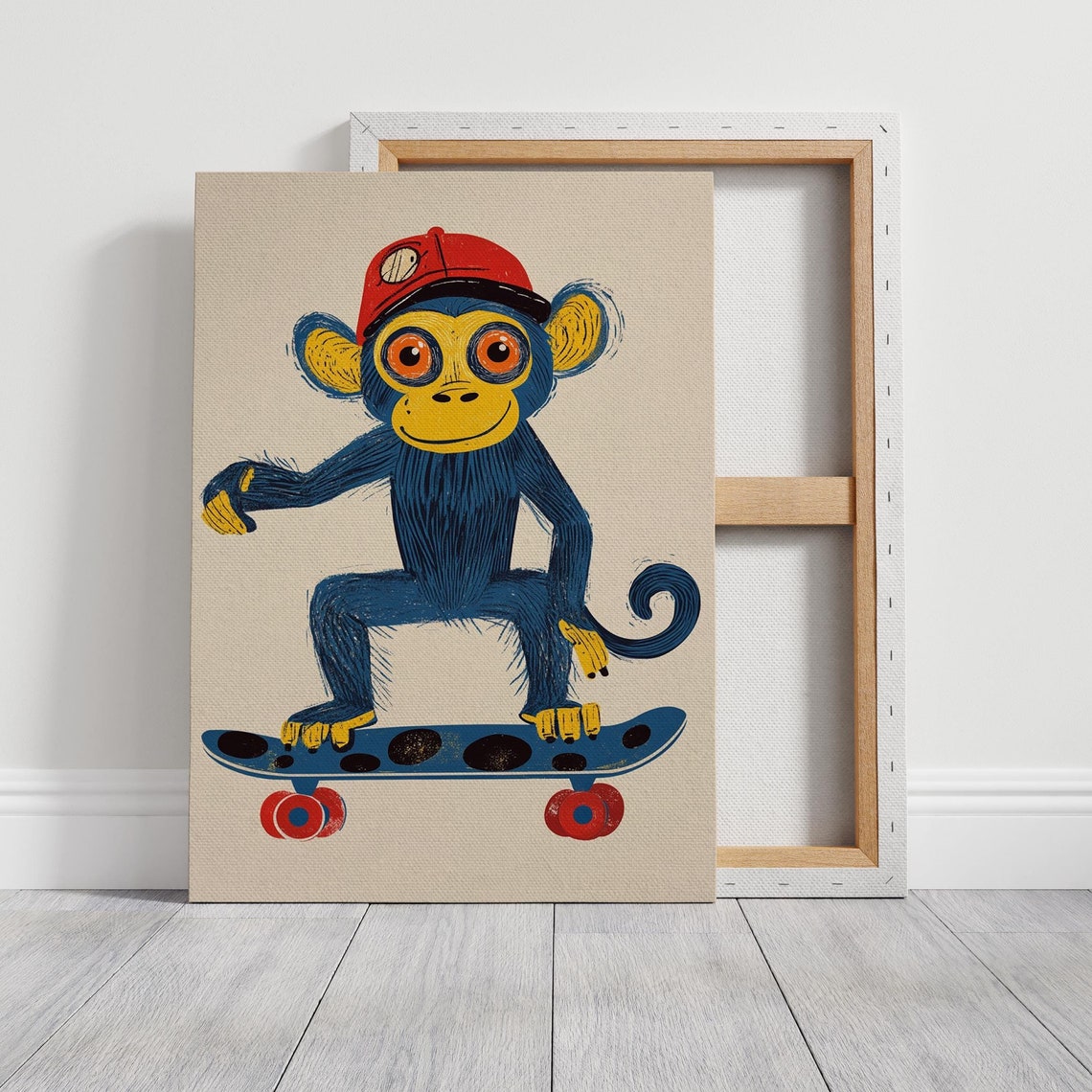 Playful Blue Monkey With Red Cap Riding A Skateboard Kids Wall Art