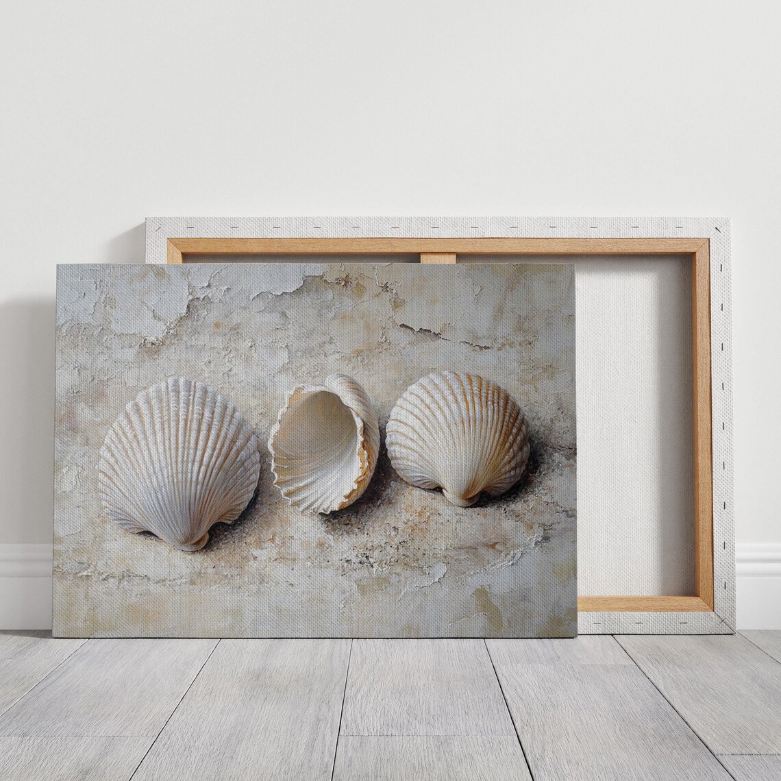 Coastal Seashell Still Life, Textured Beach Background