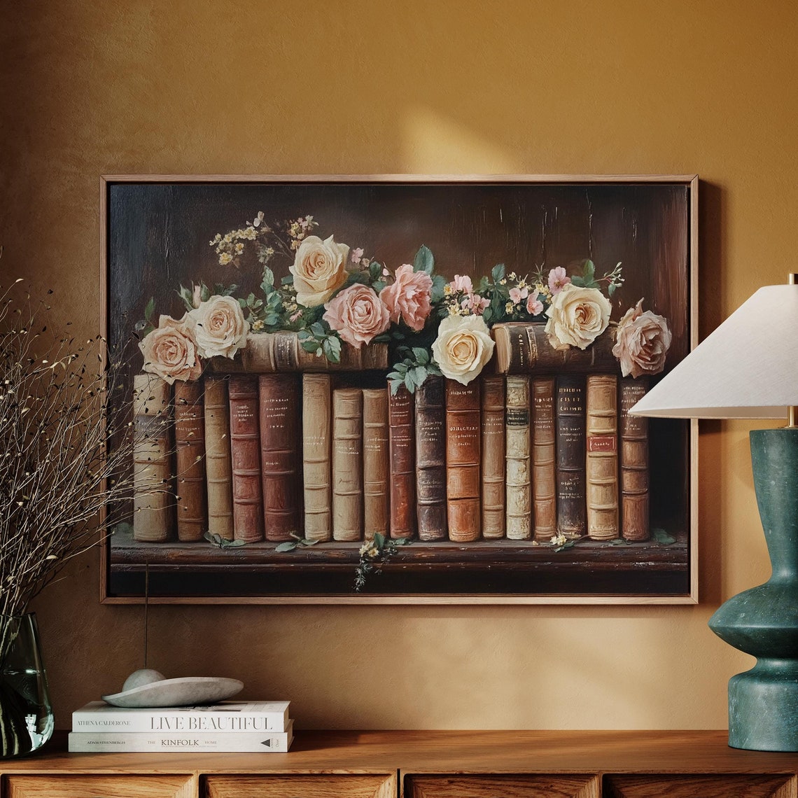 Vintage Books With Pink Roses Romantic Floral Library Wall Art