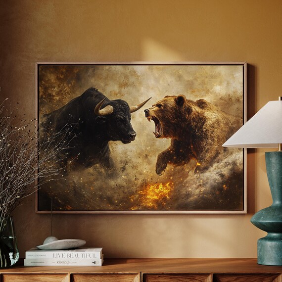 Bull Vs Bear Fierce Clash Golden Dust Finance Symbol Wall Art