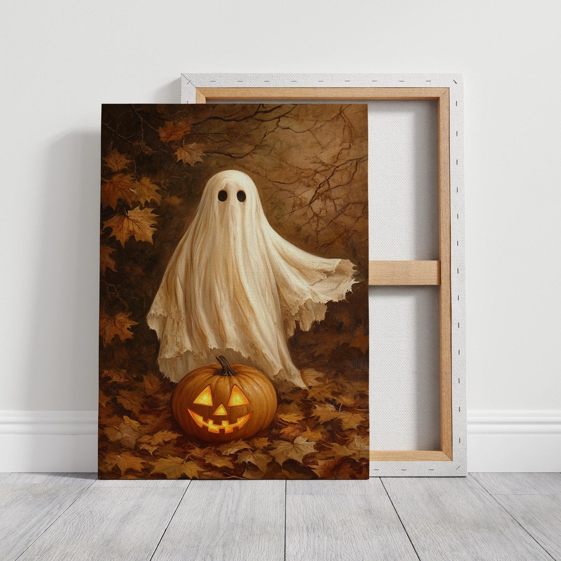 Sheet Ghost With Jack O Lantern Fall Leaves Halloween Wall Art