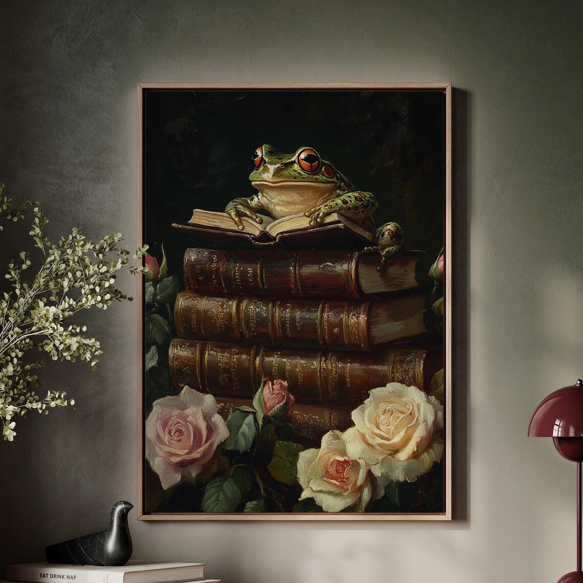 Frog on Vintage Books Roses Oil Painting Whimsical Library Wall Poster