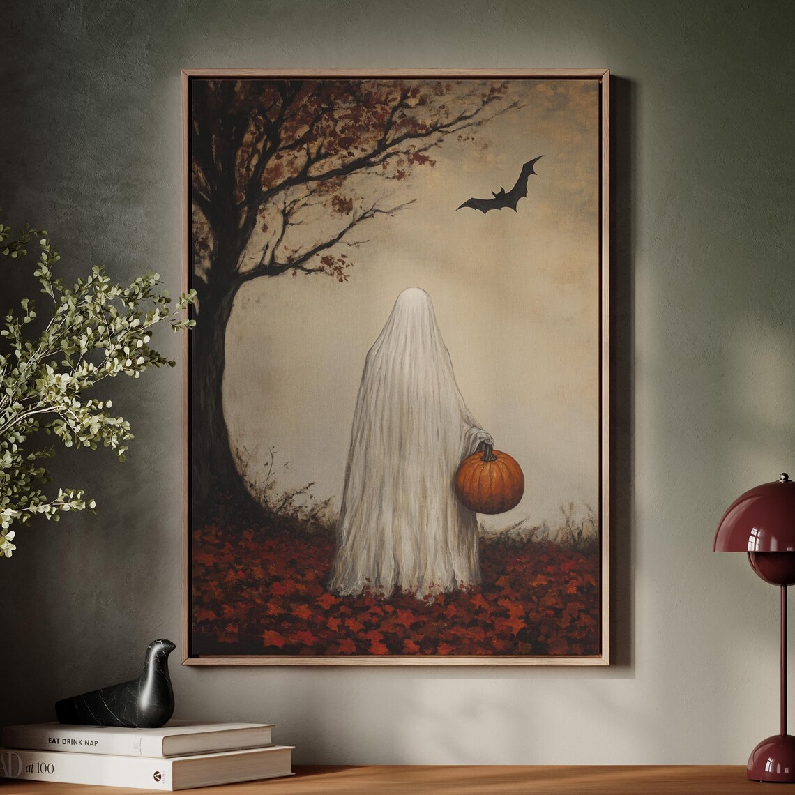 Autumn Ghost Holding Pumpkin, Spooky Halloween Decor