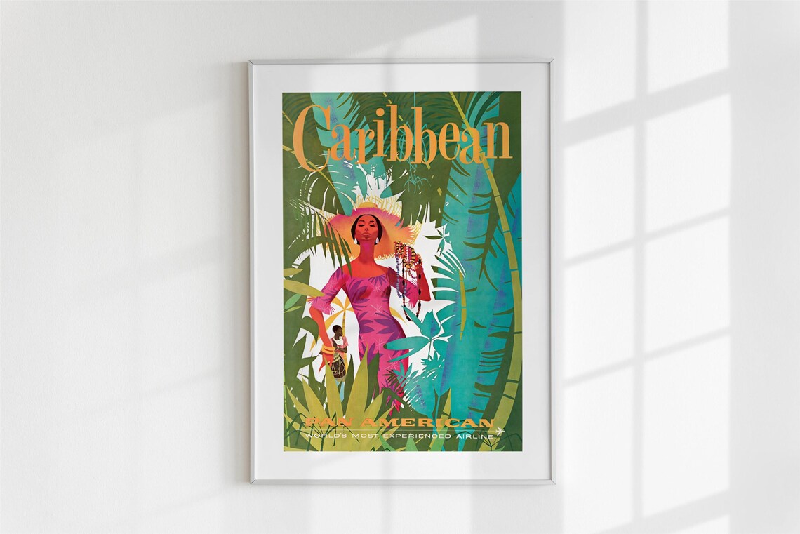 Caribbean Vintage Pan American Airline Tropical Travel Poster Art