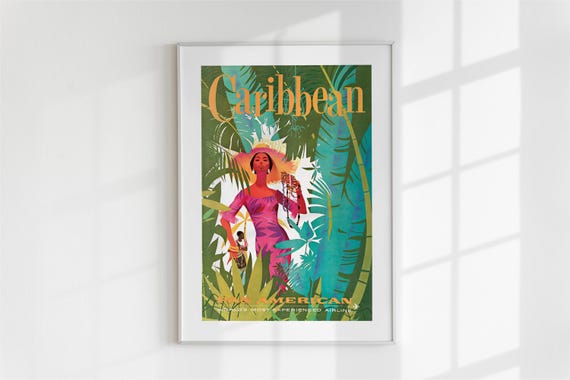 Caribbean Vintage Travel Poster Pan Airlines Tropical Wall Art Retro Beach Decor Island Vacation Print Gift For Her