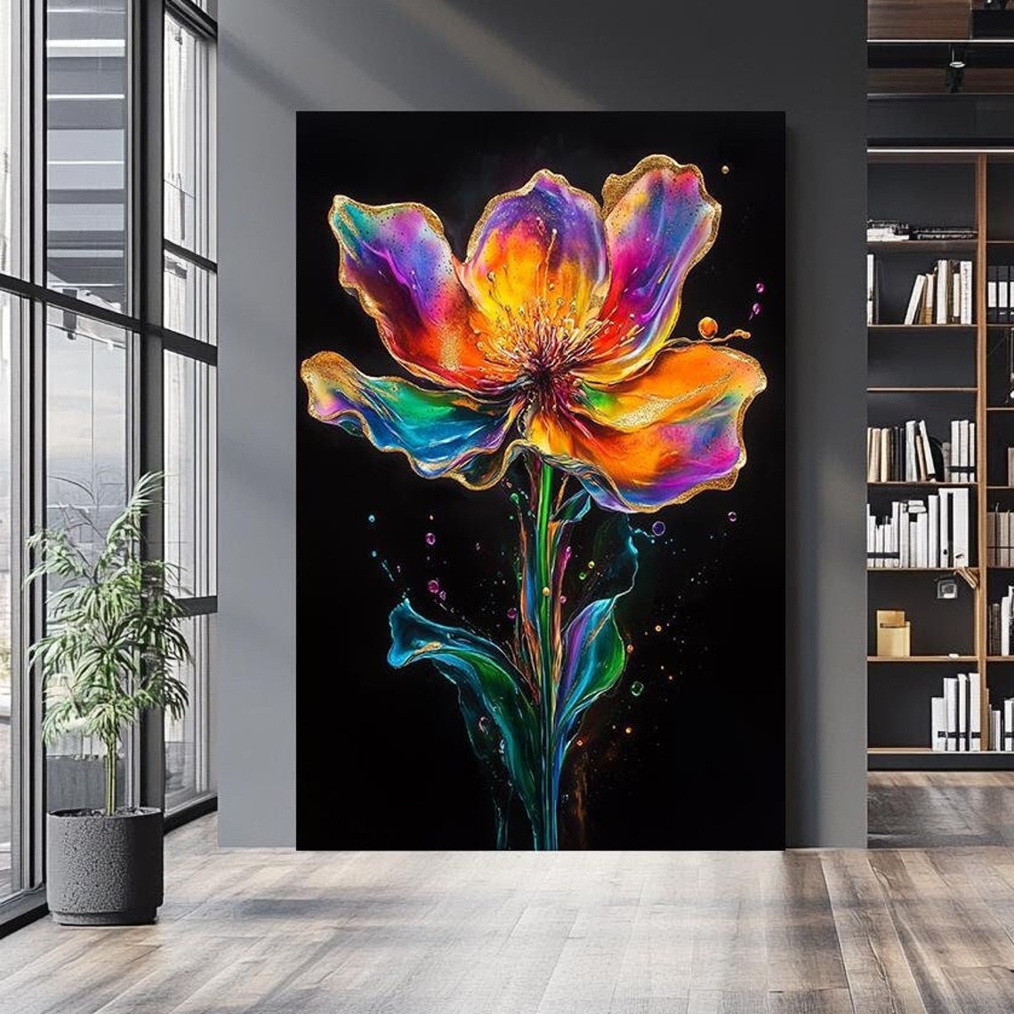 Vibrant Multicolor Flower Ink Art Black Background Bold Floral Poster