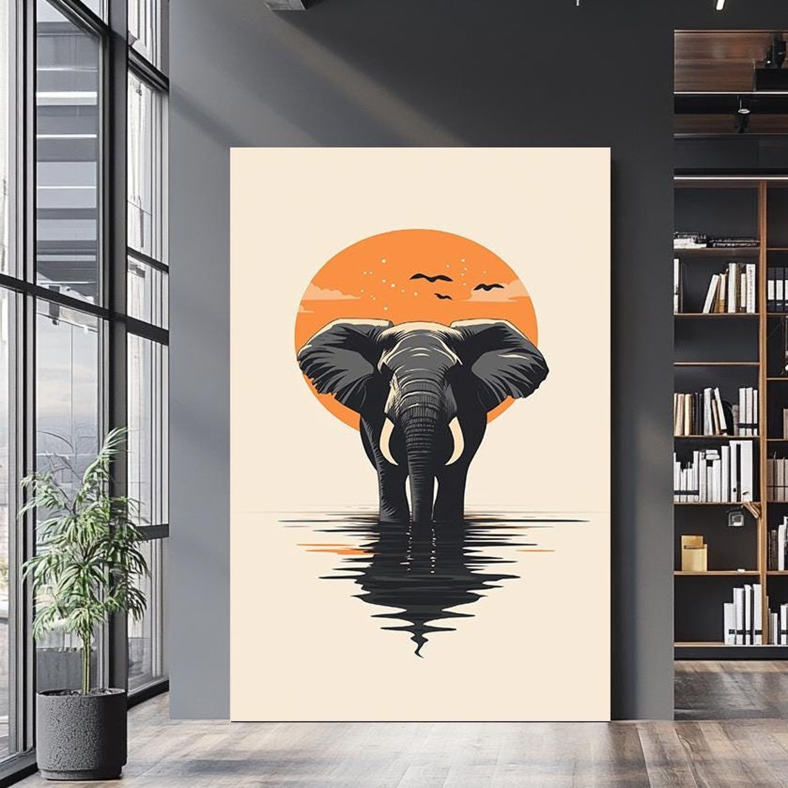 Minimalist Elephant Orange Sun Silhouette Water Reflection Art Poster