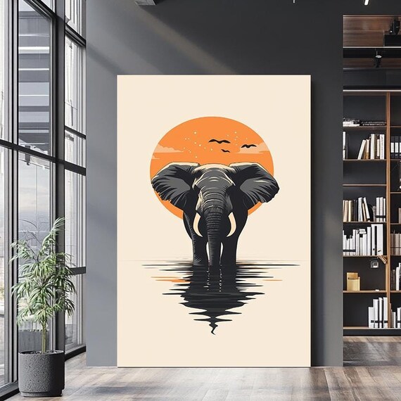 Minimalist Elephant Orange Sun Silhouette Water Reflection Art Poster