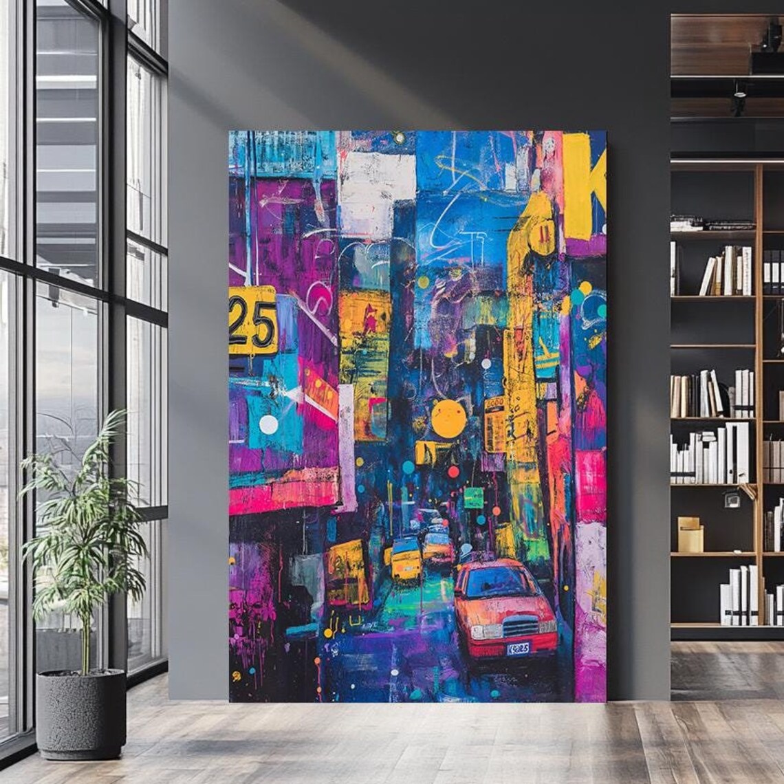 Abstract City Night Street Neon Lights Urban Traffic Art Poster