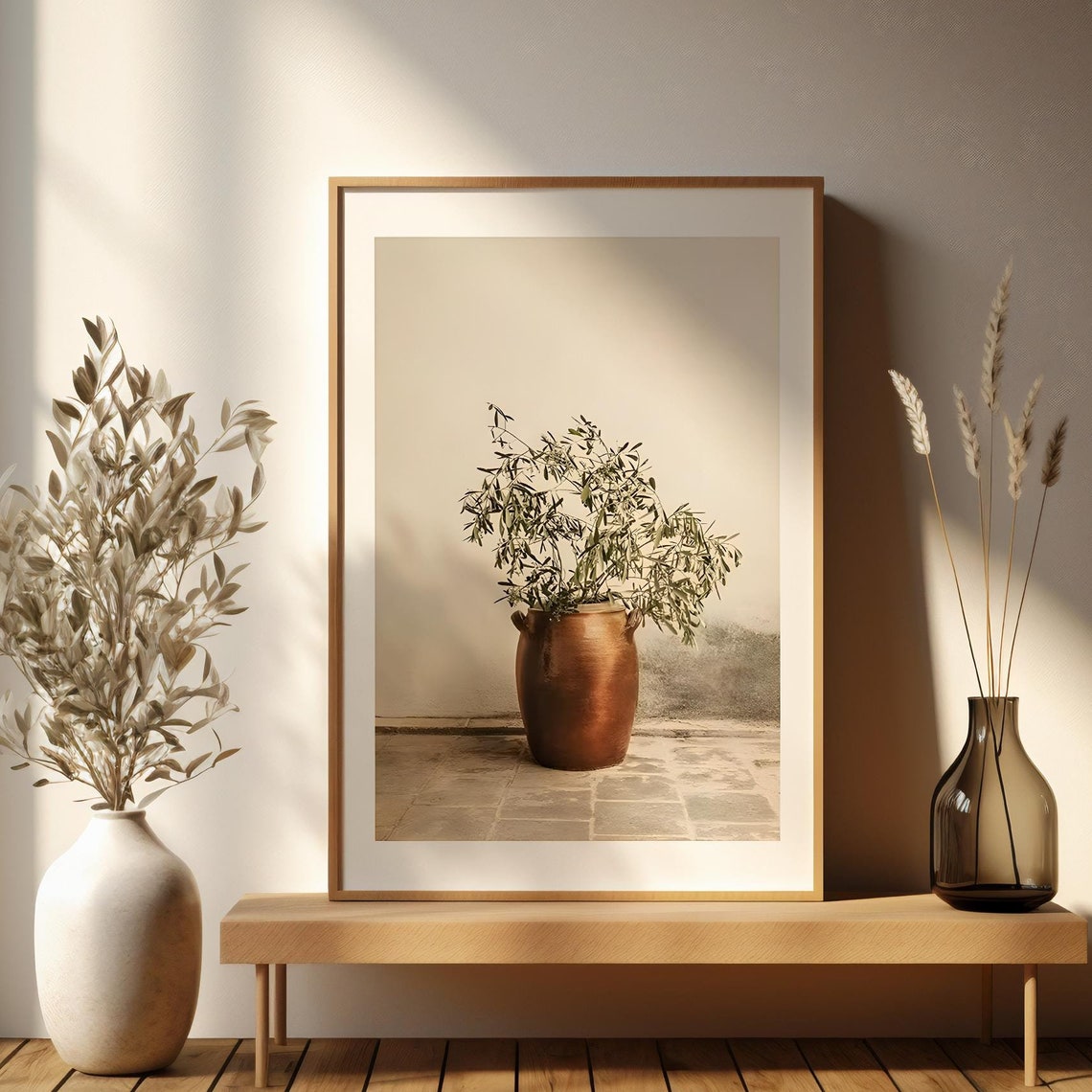 Rustic Olive Branch in Terracotta Pot Boho Photography Wall Art