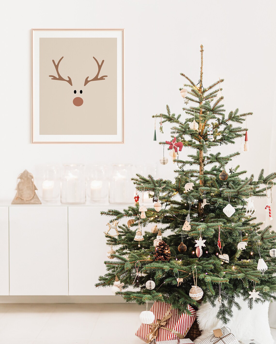 Cute Reindeer Face Rudolph Minimalist Beige Christmas Nursery Poster - Image 2