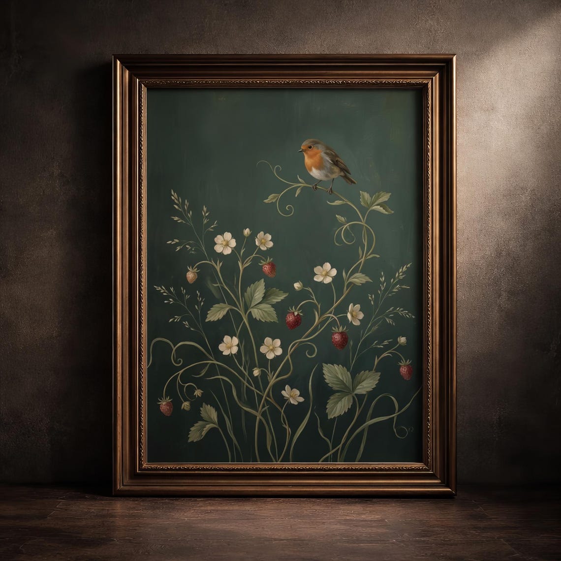 Robin Perched on a Strawberry Vine Vintage Botanical Artwork Poster