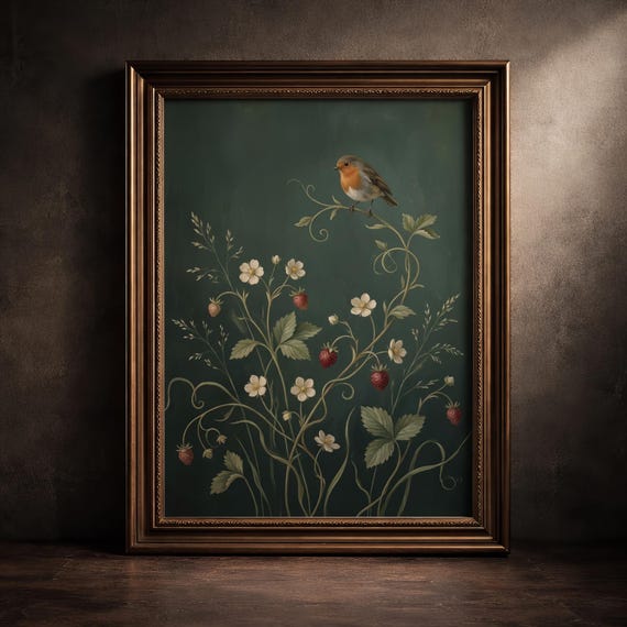 Moody Cottagecore Wall Art Vintage Robin Bird Print Dark Botanical Strawberry Poster Woodland Nature Green Decor Digital Download