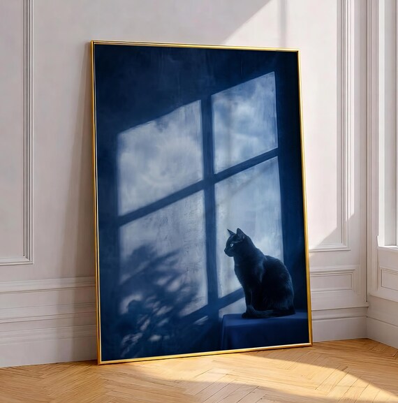 Blue Moonlight Black Cat Print Window Shadow Painting Dark Academia Wall Art Minimalist Mystical Feline Poster Moody Gothic Home Decor