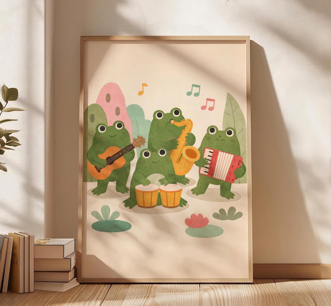 Frogs Playing Instruments, Playful Musical Poster