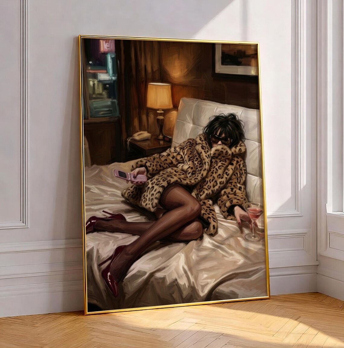 Dark Feminine Martini Art Print Mob Wife Cocktail Moody Old Money Fashion Poster Leopard Coat Chic Y2k Bar Cart Decor Digital Download