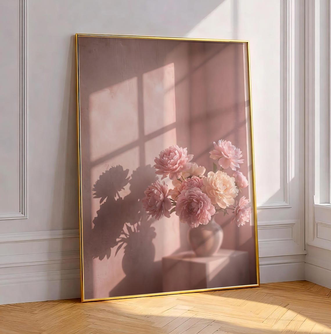 Blush Pink Peonies Vase Sunlit Window Shadow Romantic Art Print