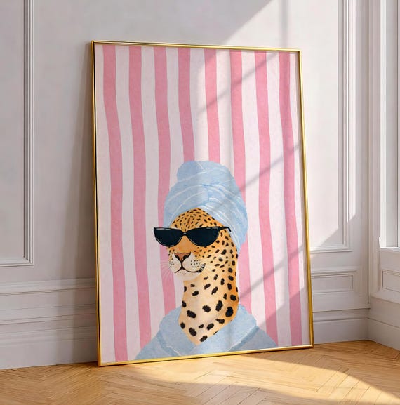 Funny Leopard In Towel Art Print, Quirky Bathroom Decor