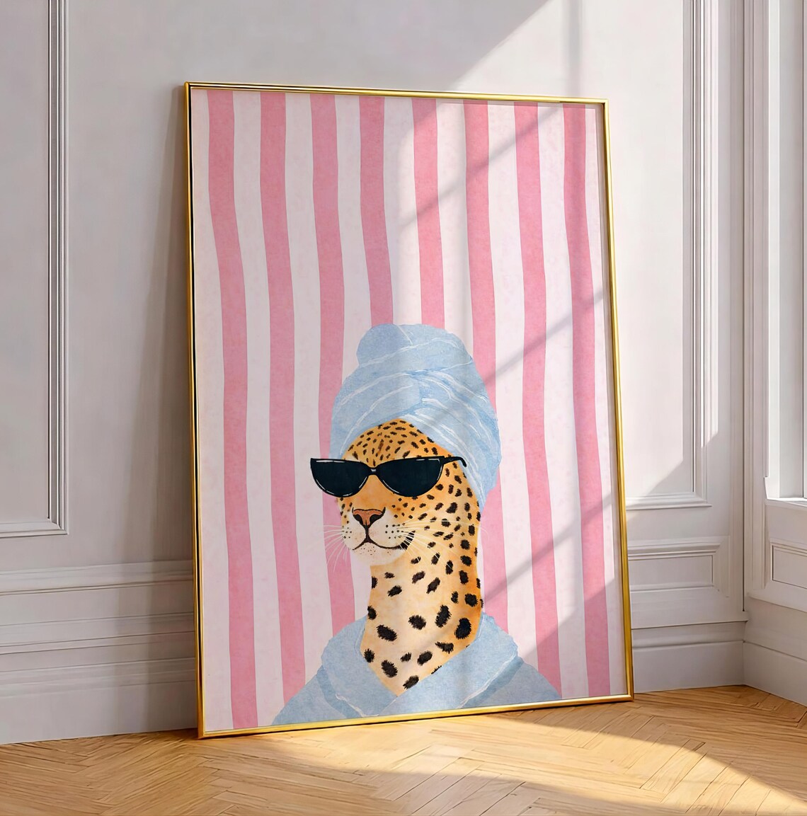 Funny Leopard In Towel Art Print, Quirky Bathroom Decor