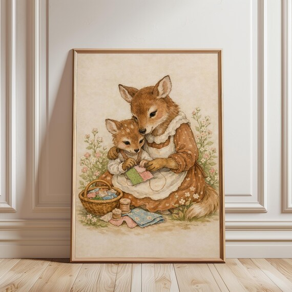 Fox Mother and Baby Sewing Patchwork Cozy Nursery Art Poster