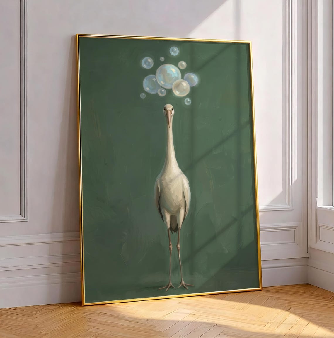White Crane Blowing Soap Bubbles Whimsical Green Minimalist Poster