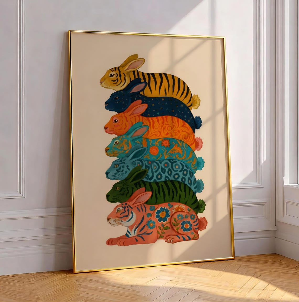 Colorful Patterned Rabbits Stacked Tall Boho Whimsical Animal Poster