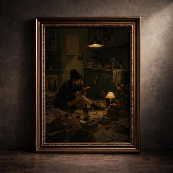 Dark Academia Reading Woman Art Print Cozy Introvert Apartment Poster Moody Maximalist Bookish Library Decor Intellectual Chaos Painting
