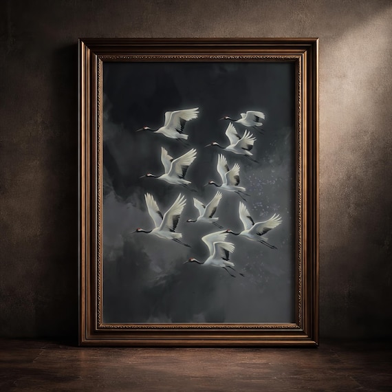 Flying Crane Wall Art Dark Moody Japanese Heron Print Ethereal Bird Mythical Painting Artwork Academia Decor Gothic Nature Poster