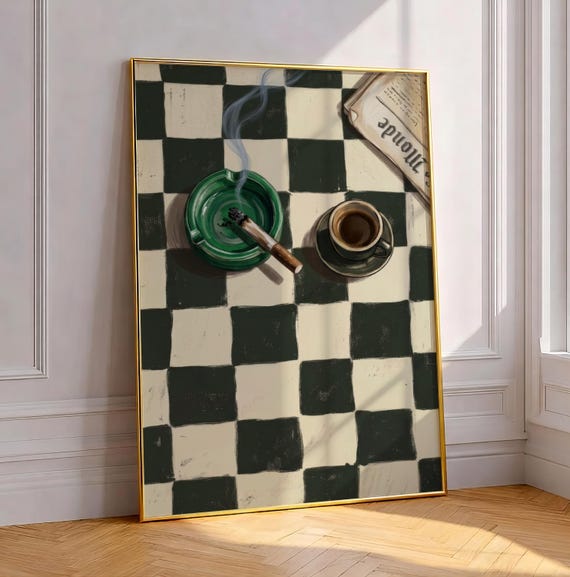 Coffee And Cigarettes Art Print Vintage French Cafe Morning Still Life Painting Moody Checkerboard Kitchen Poster Espresso Smoking Gift