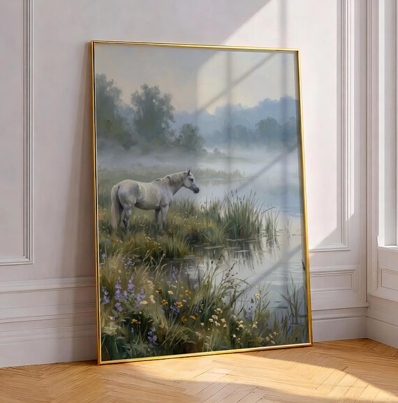 White Horse Marsh Print Moody Cottagecore Art Misty Meadow Landscape Vintage Countryside Decor Wildflower Printable Digital Download