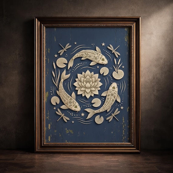 Celestial Koi Fish Folk Art Print Carved Wood Relief Poster Moody Cottagecore Decor Witchy Japanese Nature Printable Digital Download