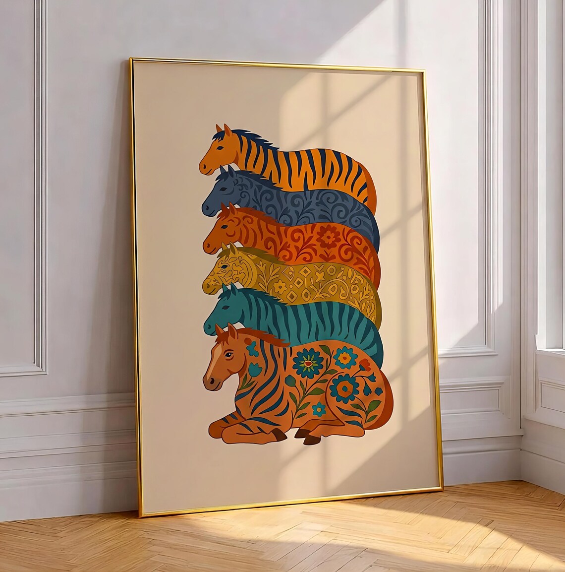 Stacked Horses Folk Art, Boho Equine Illustration