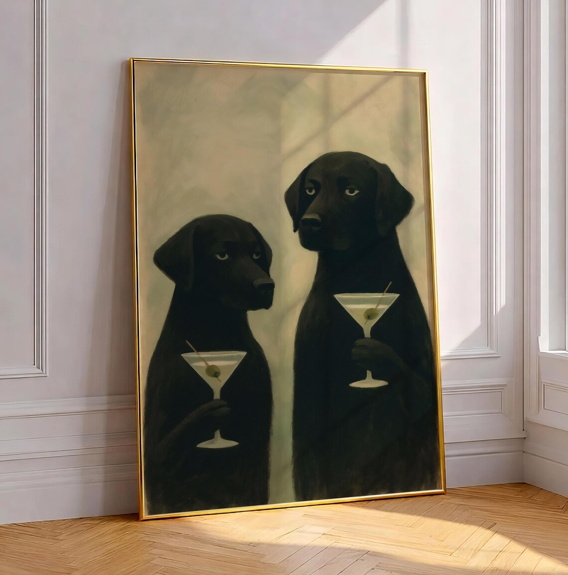 Two Black Labradors Martini Glass Art Print, Gothic Moody