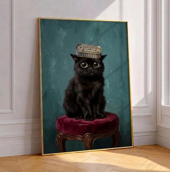 Black Cat Painting With Sardine Can Art Print Dark Teal Aesthetic Funny Anthropomorphic Luxury Surrealist Eclectic Kitchen Decor